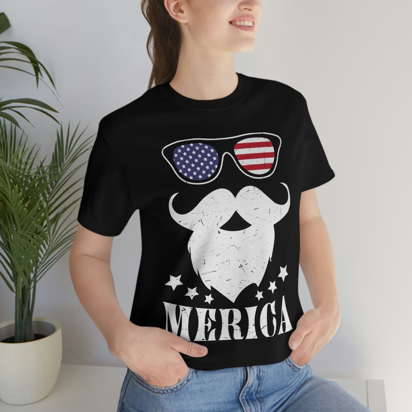 American Flag Sunglass Beard And Merican With Stars Unisex Jersey Short Sleeve Tee