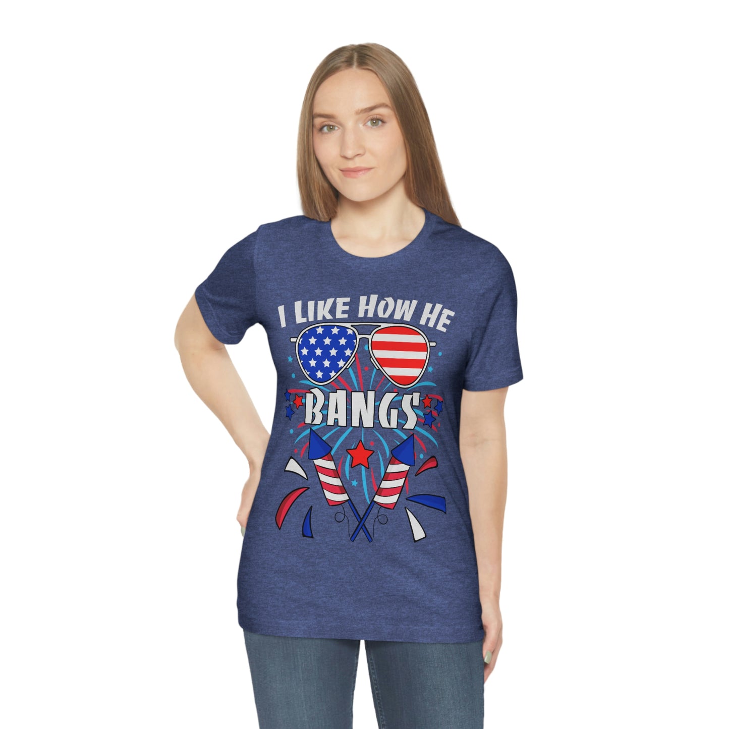 I Like How He Bangs American Flag, Fourth Of July 4th , American Flag Glasses Unisex Jersey Short Sleeve Tee