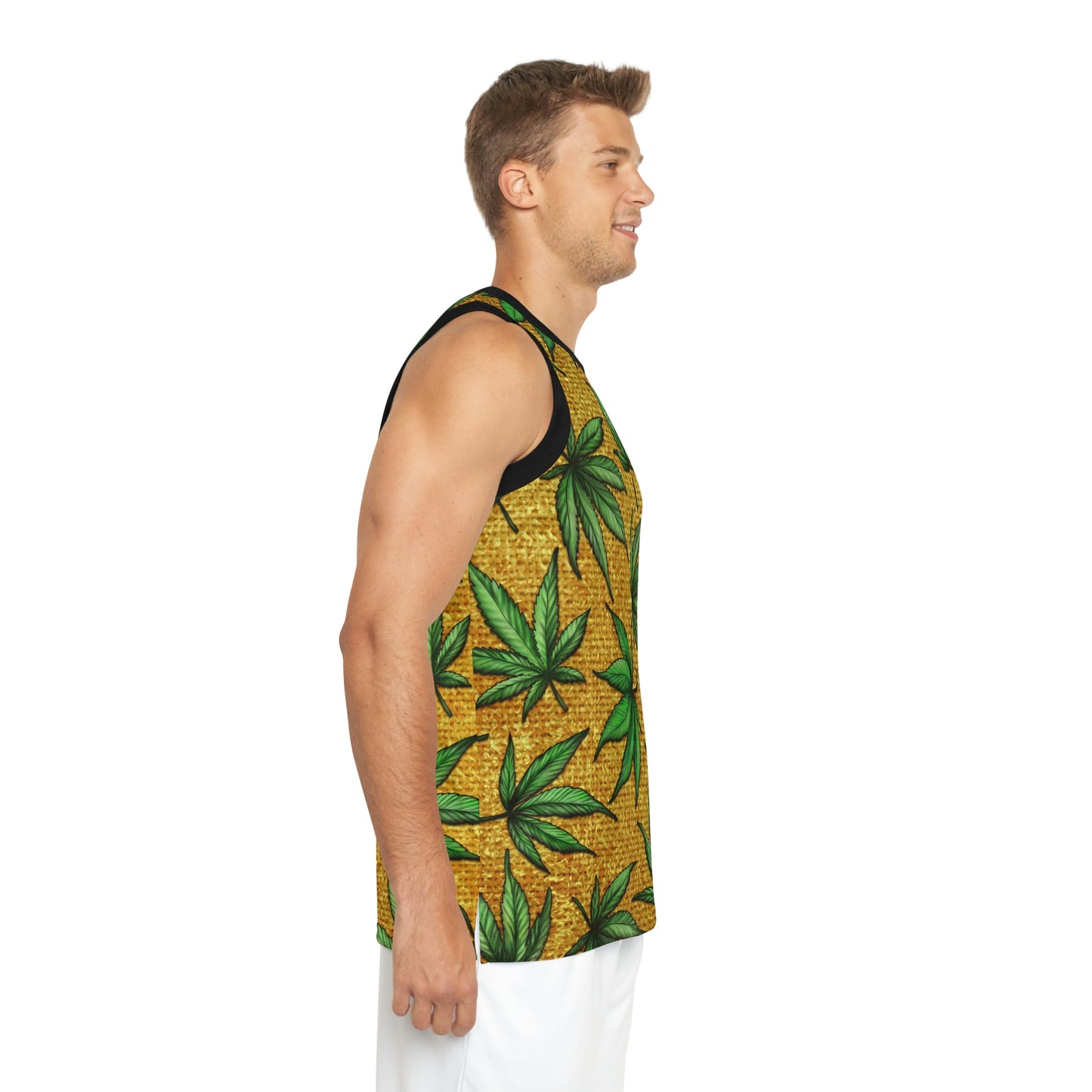 Gold And Green Marijuana Pot Weed Leaf With Gold Background 420 Unisex Basketball Jersey (AOP)