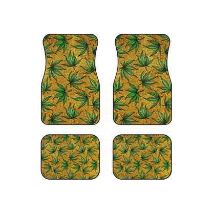 Gold And Green Marijuana Pot Weed Leaf With Gold Background 420 Car Mats (Set of 4)