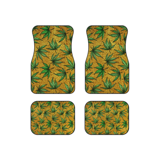 Gold And Green Marijuana Pot Weed Leaf With Gold Background 420 Car Mats (Set of 4)