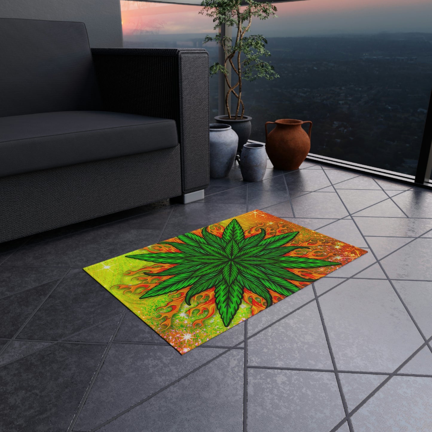 Pot Leaf Collage With Yellow Orange Background With Marijuana Pot Weed 420 Outdoor Rug