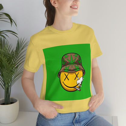 Blazed Happy Face With Hat & Pot Leafs, Unisex Jersey Short Sleeve Tee