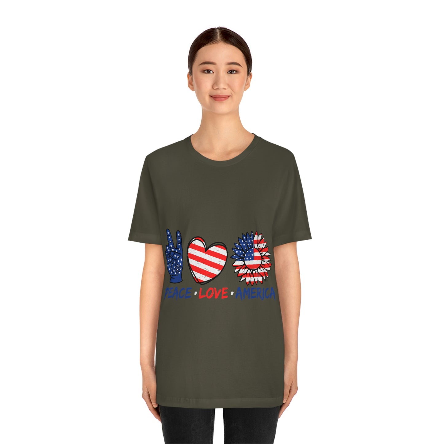 Peace Fingers , Love Heart , America Flag Design Unisex Jersey Short Sleeve Tee