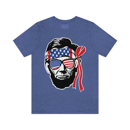 Independence Day Groovy Flag Glasses Well Known Face with Flag Bandana Unisex Jersey Short Sleeve Tee