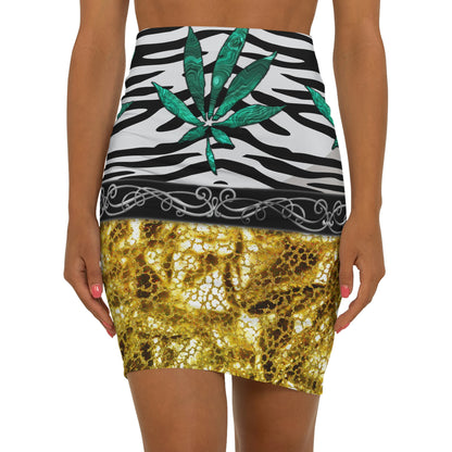 Gold And Zebra White And Black Marijuana Pot Weed Leaf 420 Leaf Women's Mini Skirt (AOP)