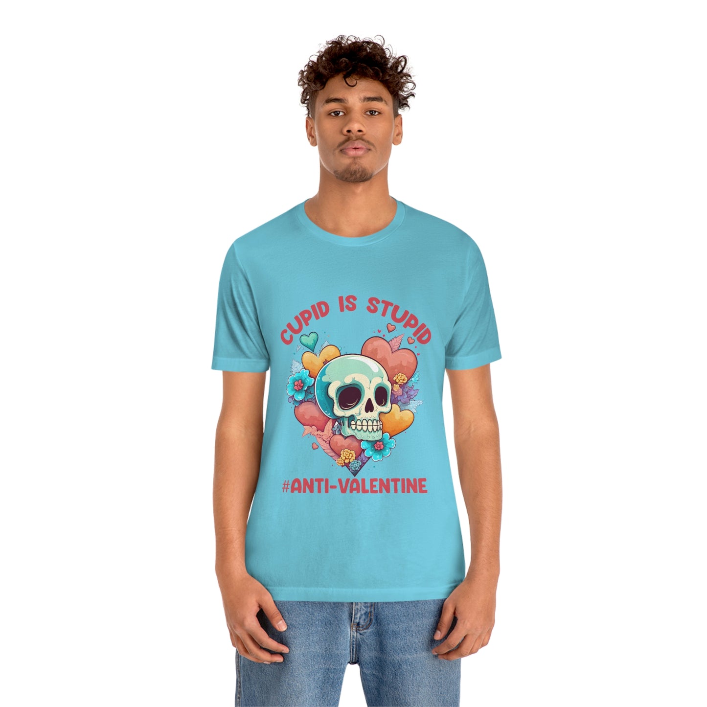 Stupid Cupid #Anti-Valentine Skull With Hearts & Flowers Unisex Jersey Short Sleeve Tee