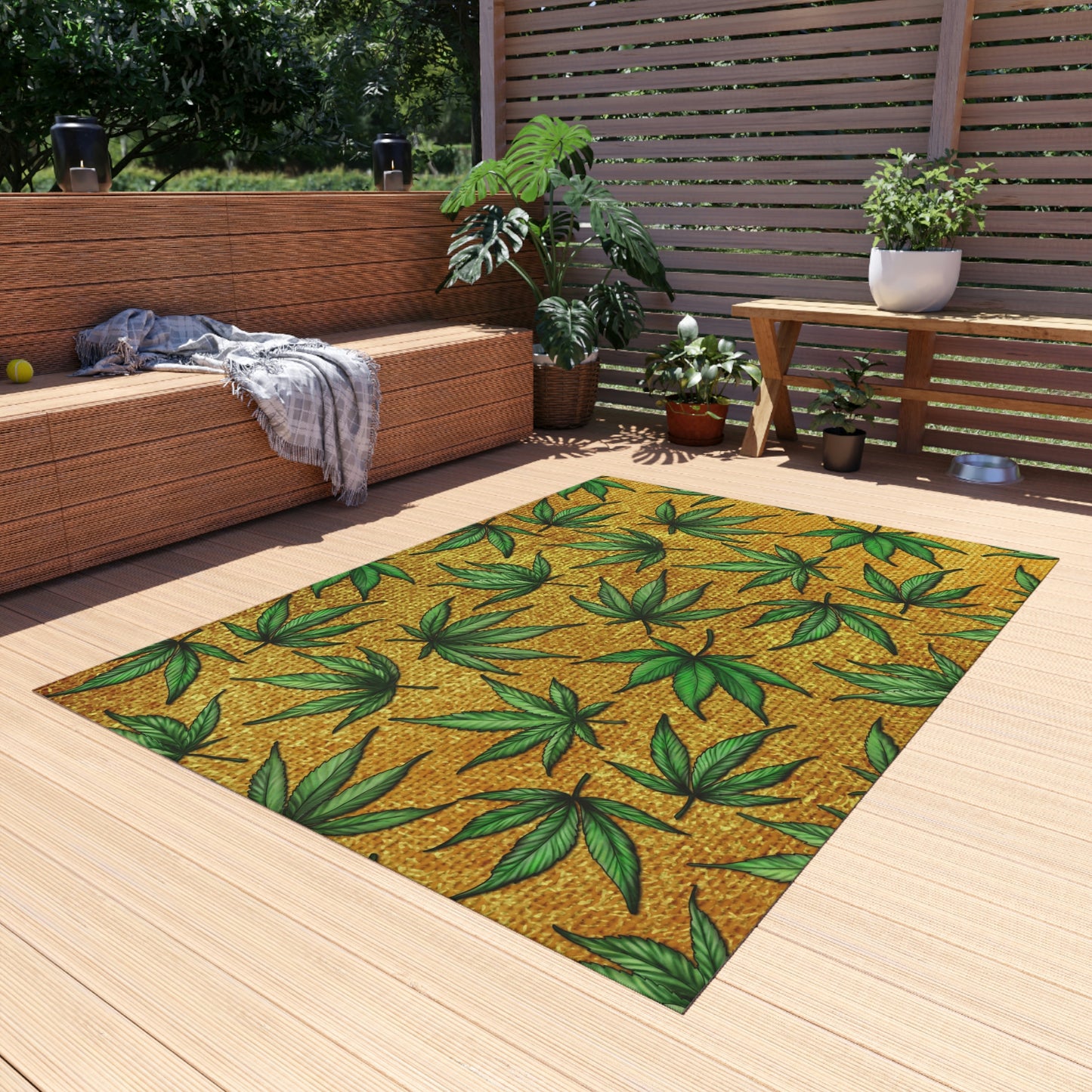 Gold And Green Marijuana Pot Weed Leaf With Gold Background 420 Outdoor Rug