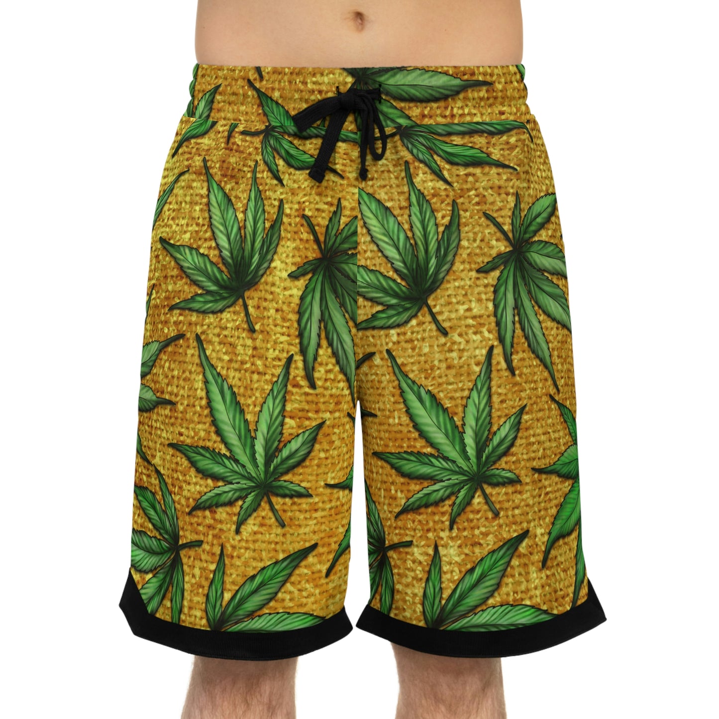 Gold And Green Marijuana Pot Weed Leaf With Gold Background 420 Basketball Rib Shorts (AOP)