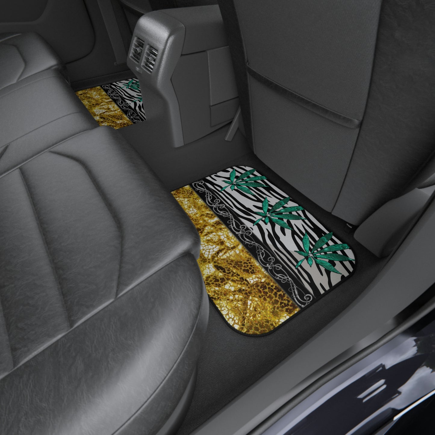 Gold And Zebra White And Black Marijuana Pot 420 Leaf Car Mats (Set of 4)