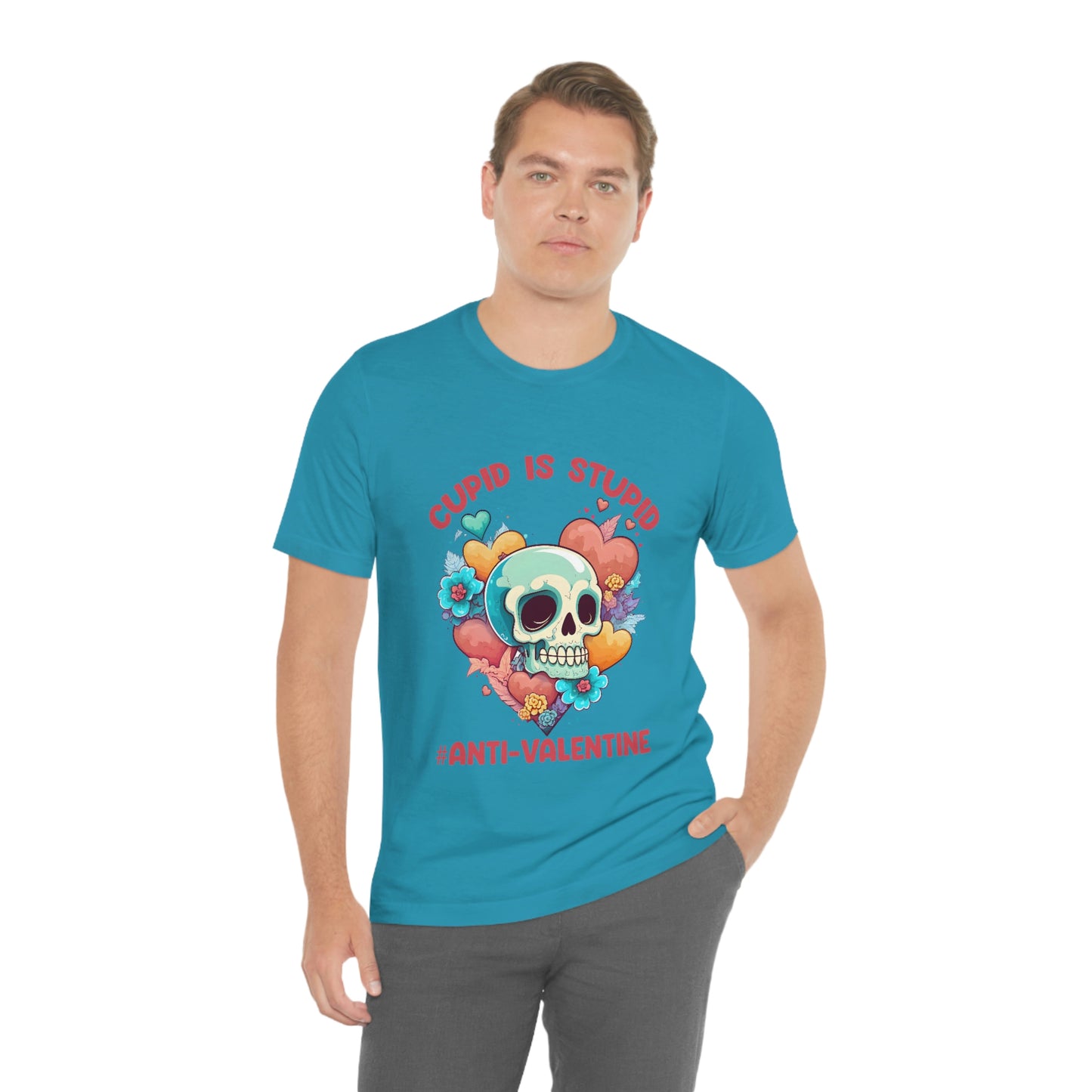 Stupid Cupid #Anti-Valentine Skull With Hearts & Flowers Unisex Jersey Short Sleeve Tee