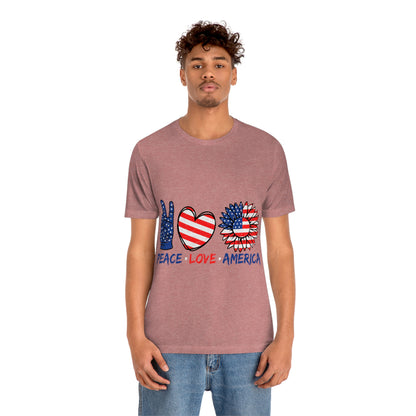 Peace Fingers , Love Heart , America Flag Design Unisex Jersey Short Sleeve Tee