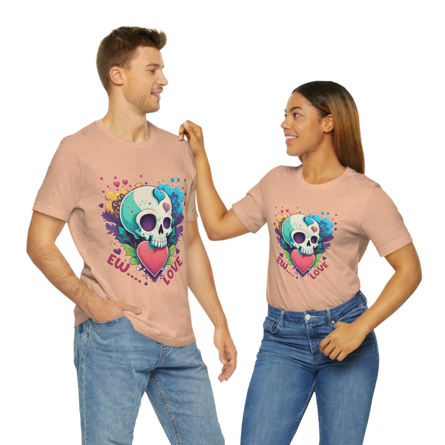 Ew Love Valentine Skull  With Pink And Blue Hearts Unisex Jersey Short Sleeve Tee