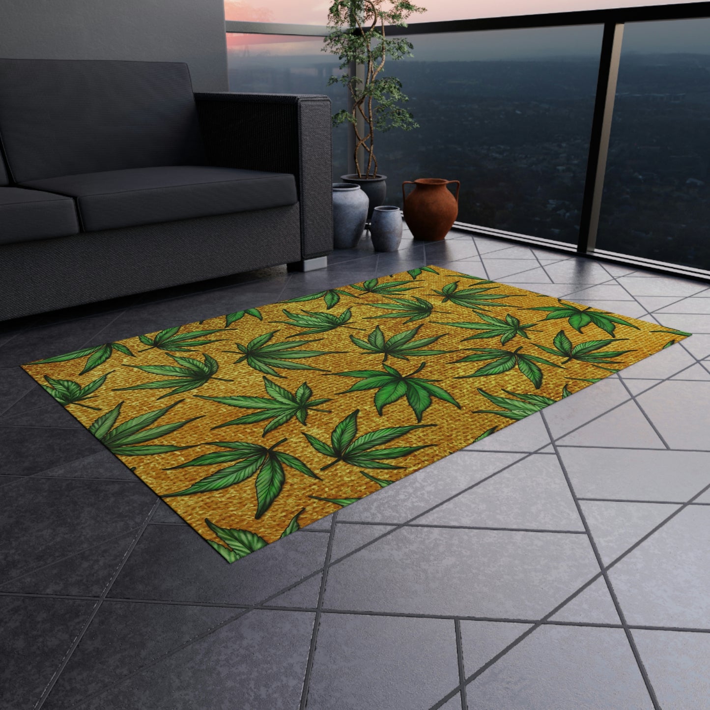 Gold And Green Marijuana Pot Weed Leaf With Gold Background 420 Outdoor Rug