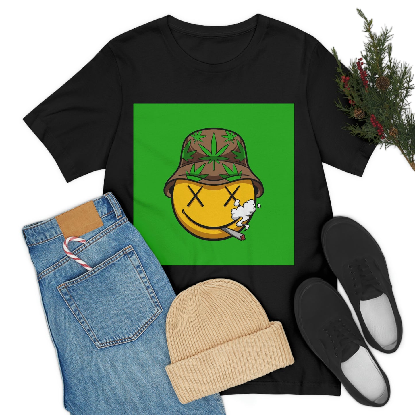 Blazed Happy Face With Hat & Pot Leafs, Unisex Jersey Short Sleeve Tee