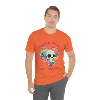 Stupid Cupid #Anti-Valentine Skull With Hearts & Flowers Unisex Jersey Short Sleeve Tee