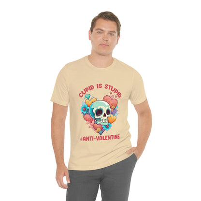 Stupid Cupid #Anti-Valentine Skull With Hearts & Flowers Unisex Jersey Short Sleeve Tee