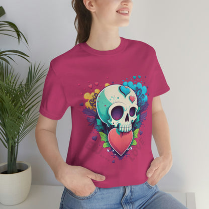 Ew Love Valentine Skull  With Pink And Blue Hearts Unisex Jersey Short Sleeve Tee