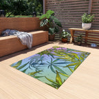 Pinkish Purple And Blue Beautiful Background With Marijuana Pot Weed 420 With Green Leaves Background Outdoor Rug