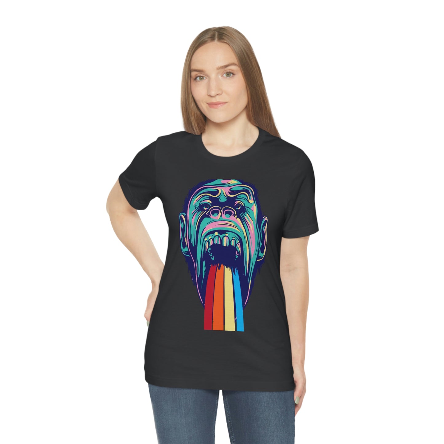 Color Ape Pouring flowing Rainbow Out His Mouth, Unisex Jersey Short Sleeve Tee