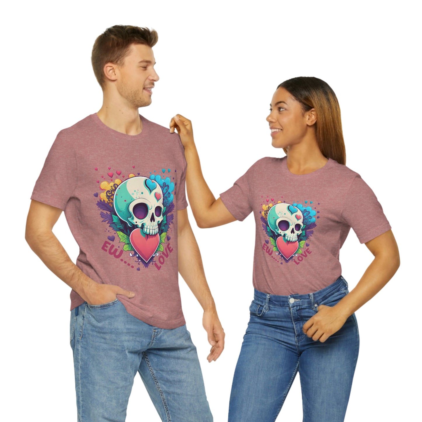 Ew Love Valentine Skull  With Pink And Blue Hearts Unisex Jersey Short Sleeve Tee