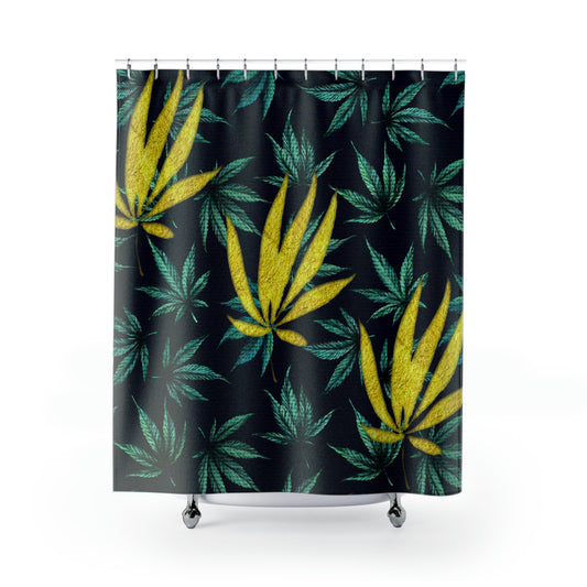 Large Gold Leaf Marijuana Pot Weed 420 With Green Leaf Background Shower Curtains