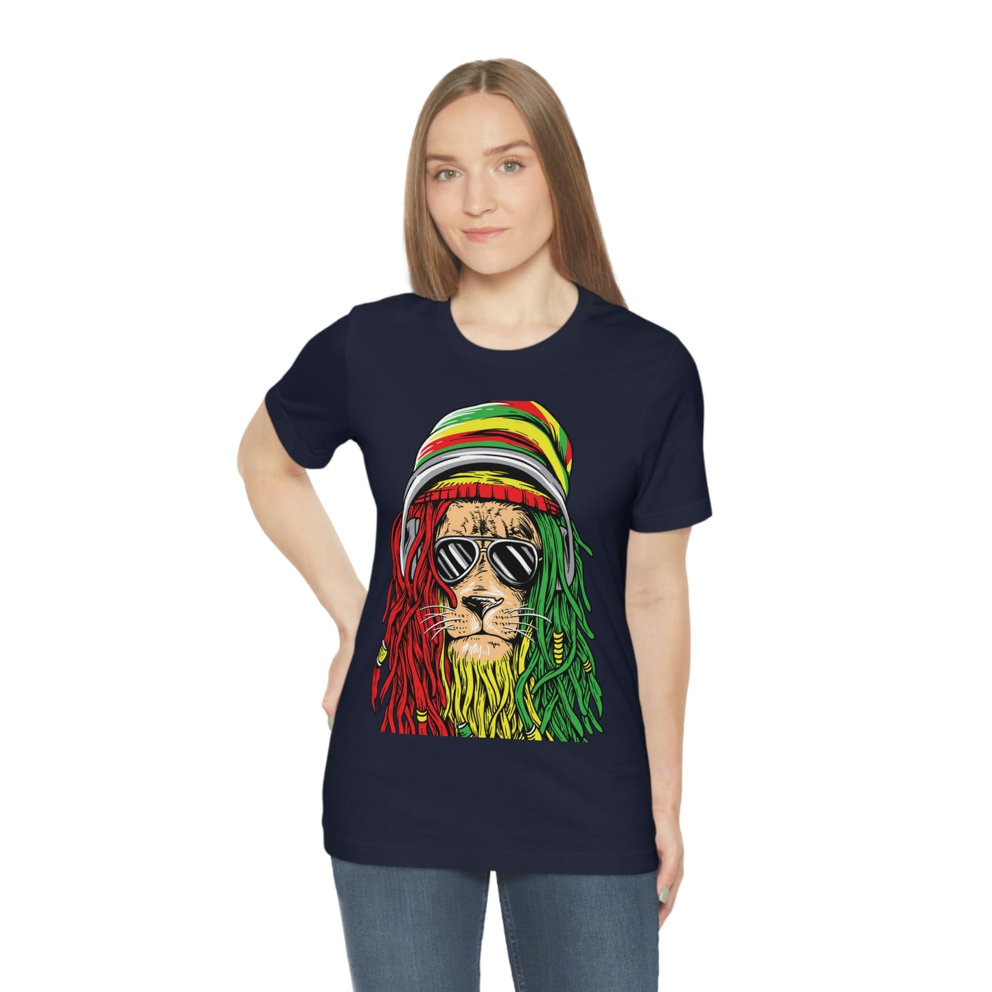 Reggae Lion With Dread locks with Hat, Unisex Jersey Short Sleeve Tee