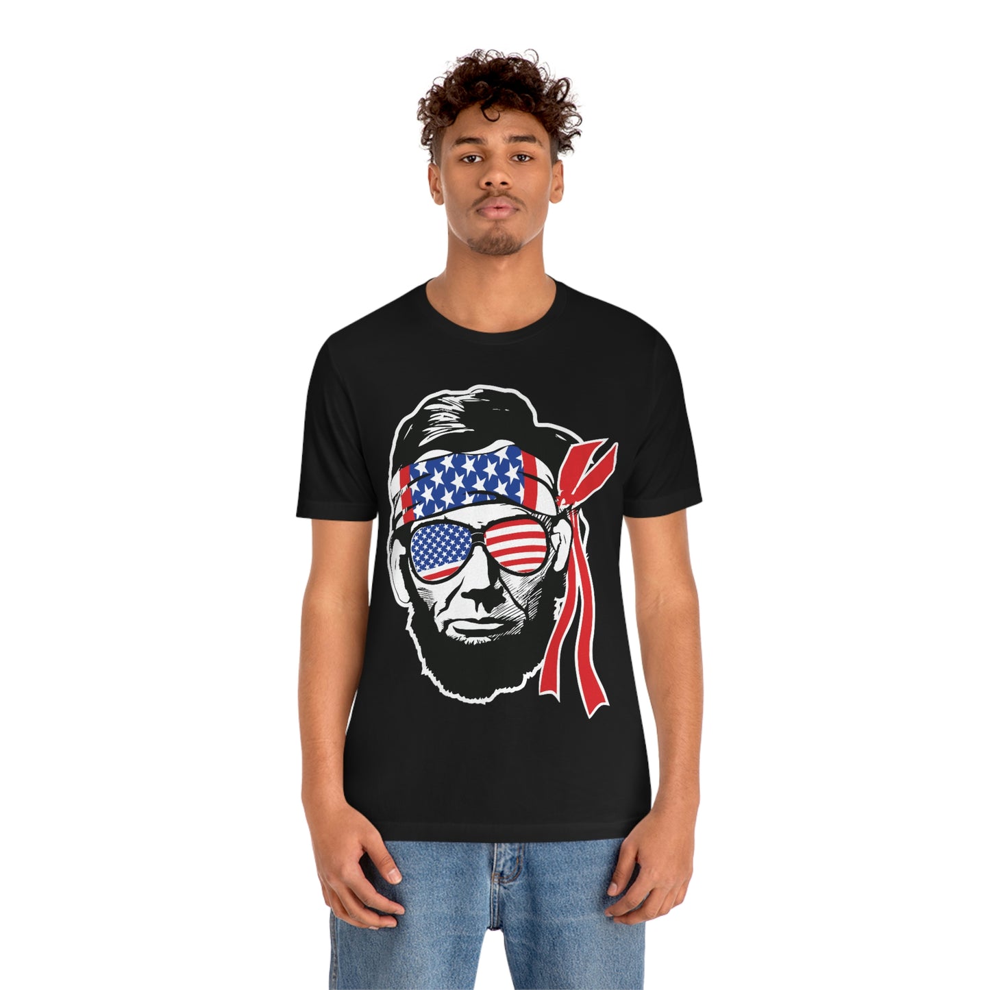 Independence Day Groovy Flag Glasses Well Known Face with Flag Bandana Unisex Jersey Short Sleeve Tee