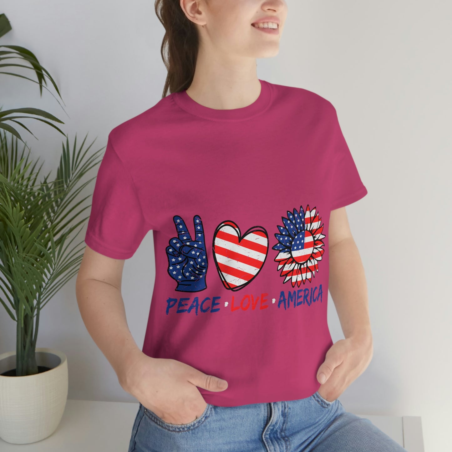 Peace Fingers , Love Heart , America Flag Design Unisex Jersey Short Sleeve Tee