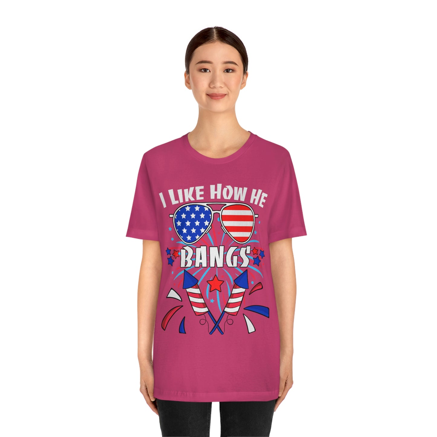 I Like How He Bangs American Flag, Fourth Of July 4th , American Flag Glasses Unisex Jersey Short Sleeve Tee