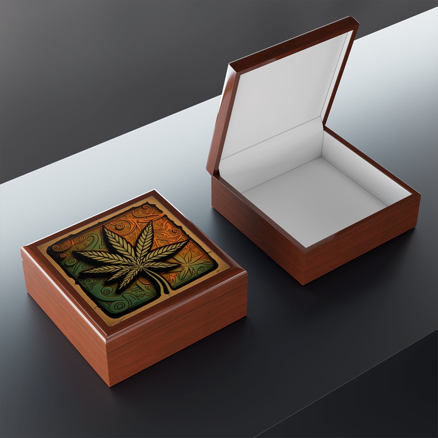 Marijuana Leaf Multi Blue and Green Collage Jewelry Box