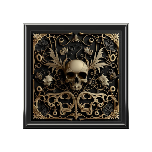 Beautifully Designed Silver Chrome Metal Style Grey And Rustic Black Background, Gothic Skull Jewelry Box Jewelry Box