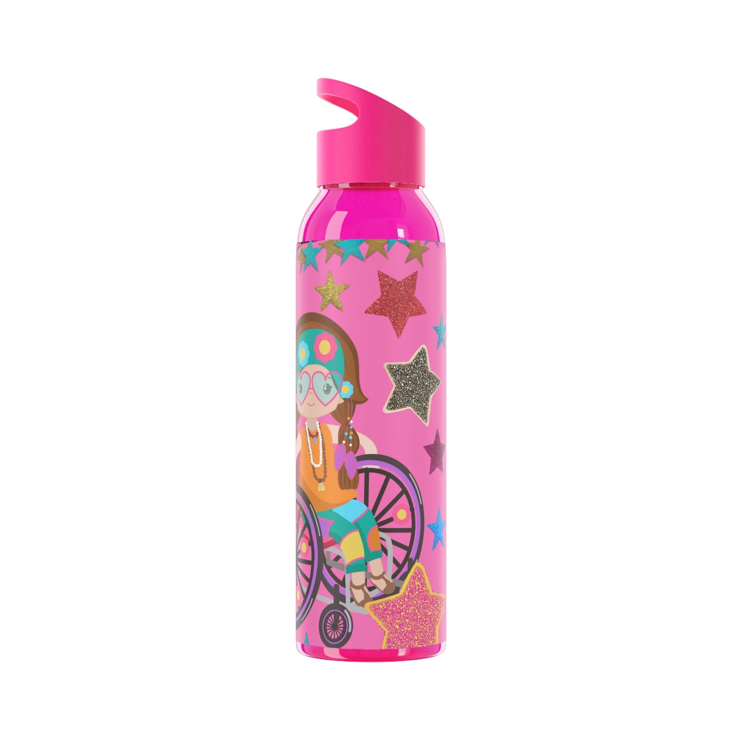 Super Girl Hippie Chic , Wheelchair Purple Background Sky Water Bottle