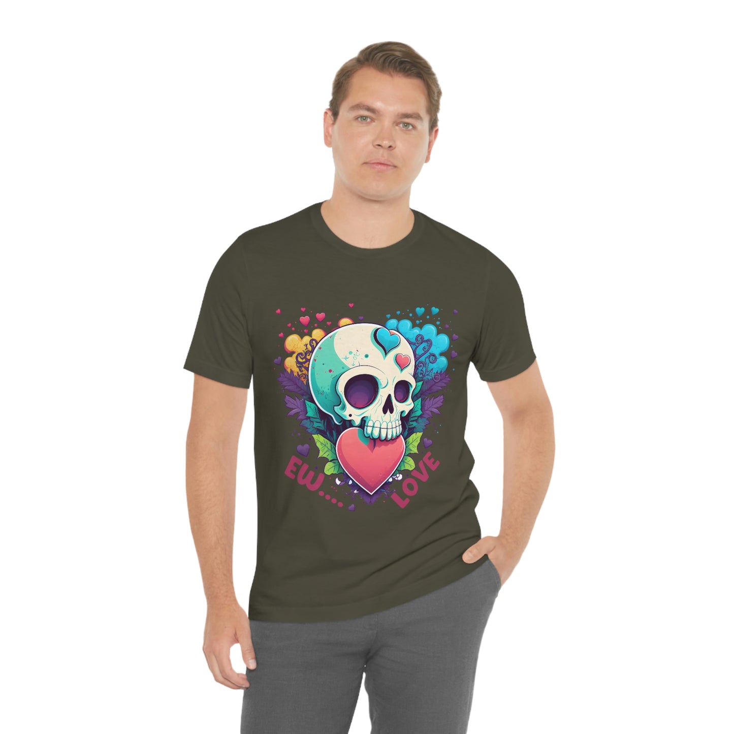 Ew Love Valentine Skull  With Pink And Blue Hearts Unisex Jersey Short Sleeve Tee