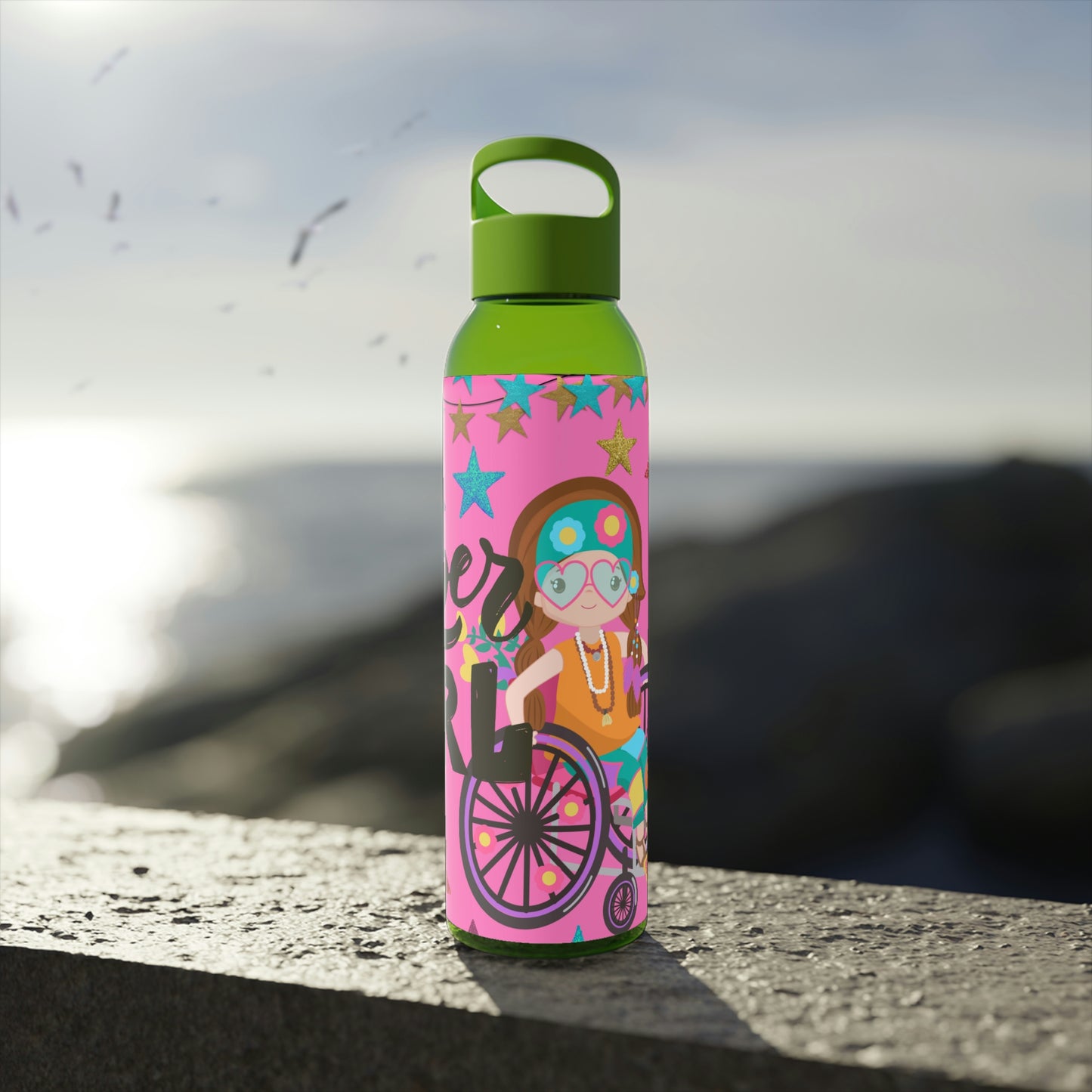 Super Girl Hippie Chic , Wheelchair Purple Background Sky Water Bottle