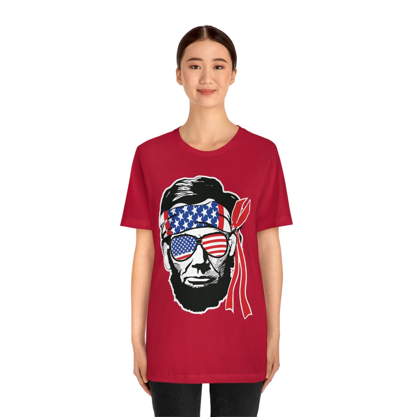 Independence Day Groovy Flag Glasses Well Known Face with Flag Bandana Unisex Jersey Short Sleeve Tee