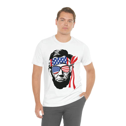 Independence Day Groovy Flag Glasses Well Known Face with Flag Bandana Unisex Jersey Short Sleeve Tee