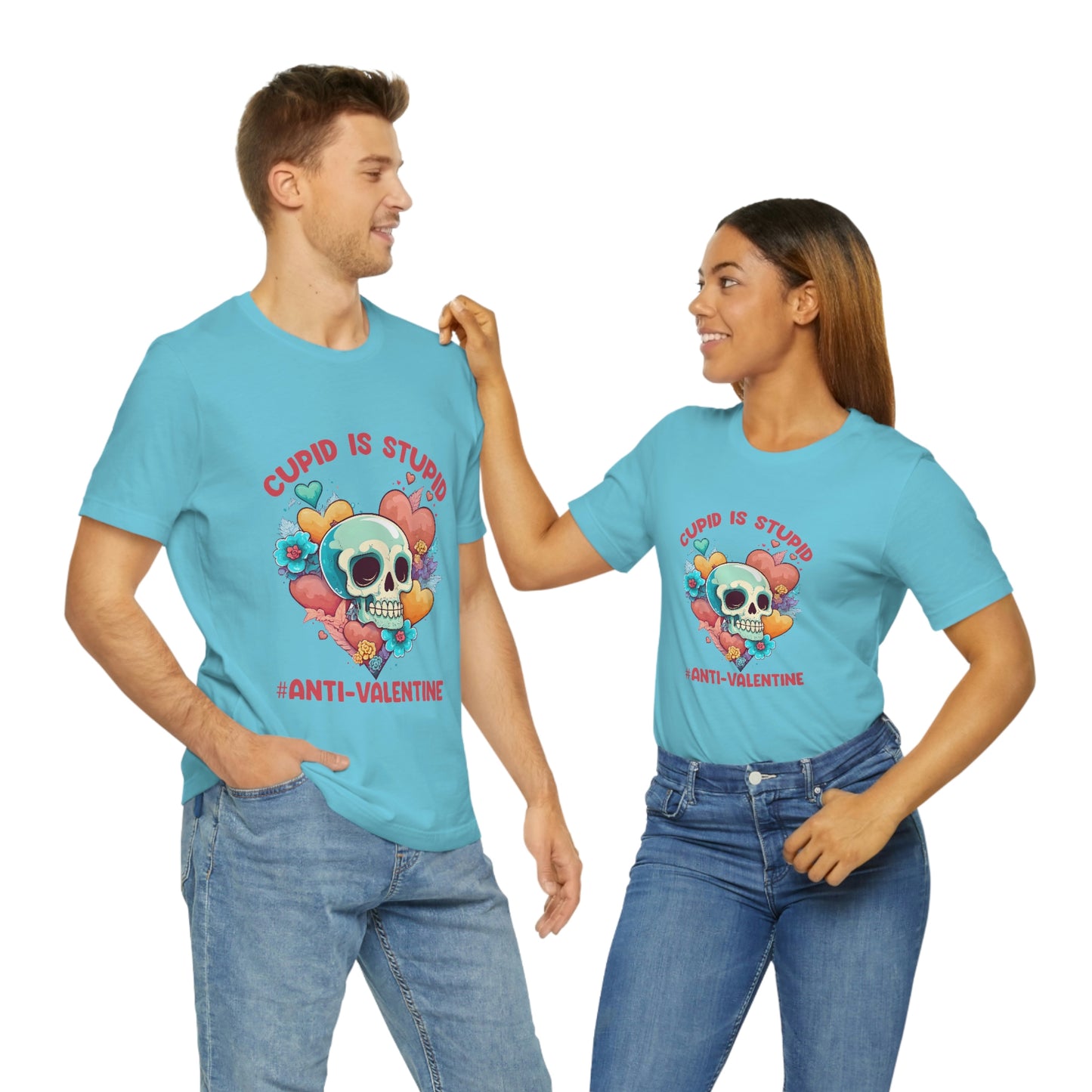 Stupid Cupid #Anti-Valentine Skull With Hearts & Flowers Unisex Jersey Short Sleeve Tee