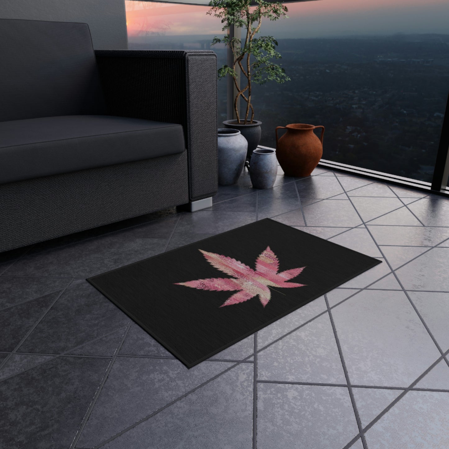 Sassy Single Pink Marijuana 420 Weed Leaf With Black Background 420 Weed Marijuana Leaf Outdoor Rug