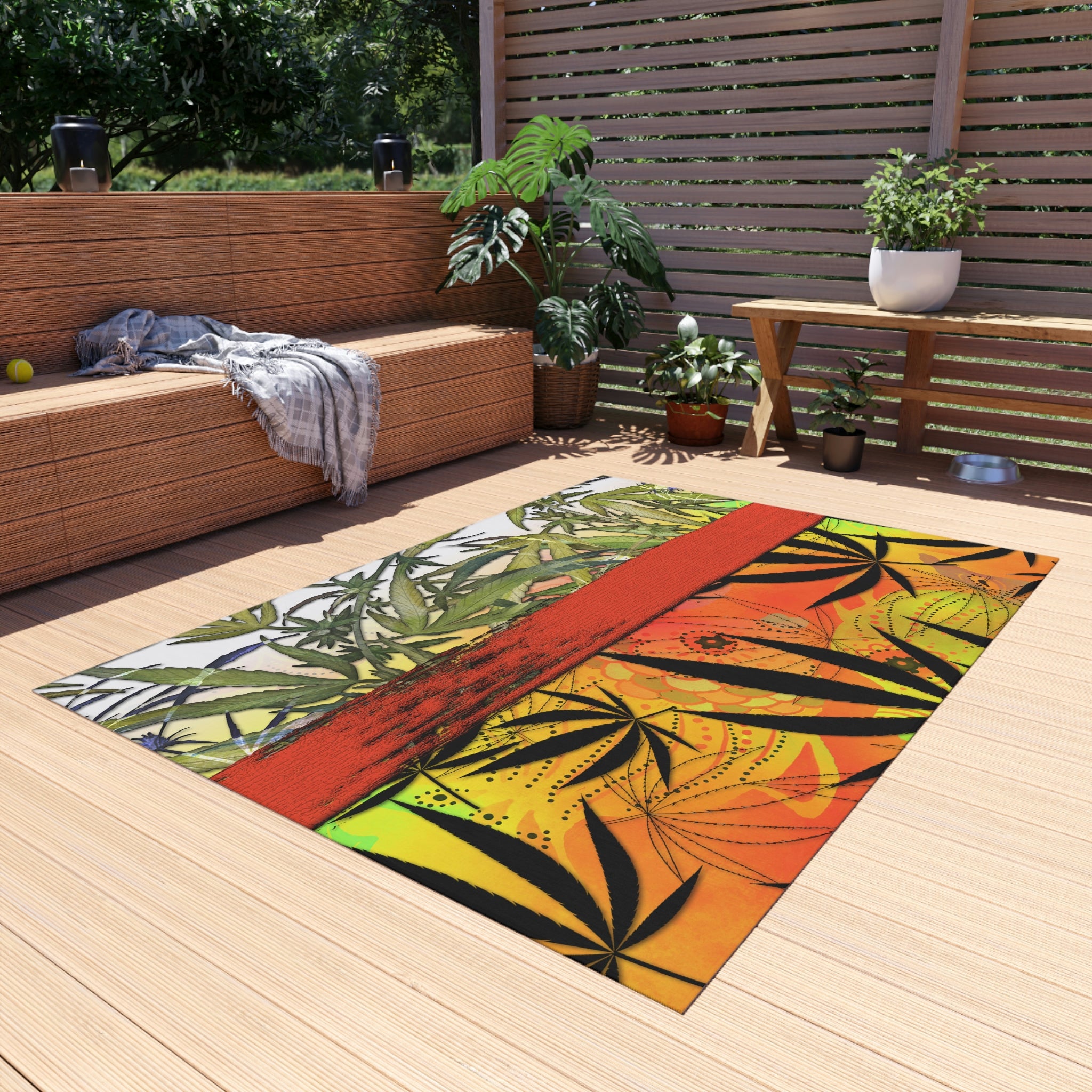 Beautiful Redish Orange Banded Marijuana 420 Pot Weed Leaf Outdoor Rug