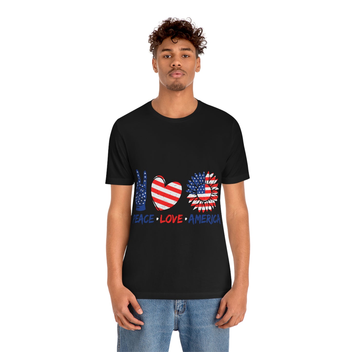 Peace Fingers , Love Heart , America Flag Design Unisex Jersey Short Sleeve Tee