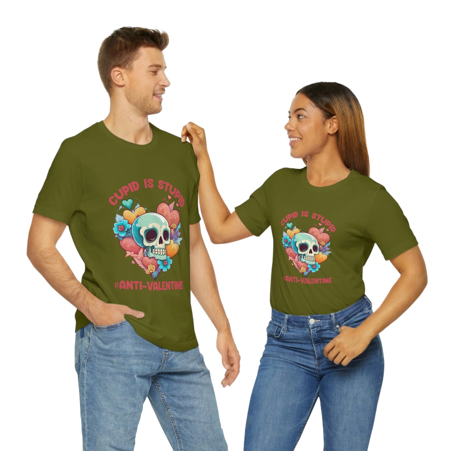 Stupid Cupid #Anti-Valentine Skull With Hearts & Flowers Unisex Jersey Short Sleeve Tee