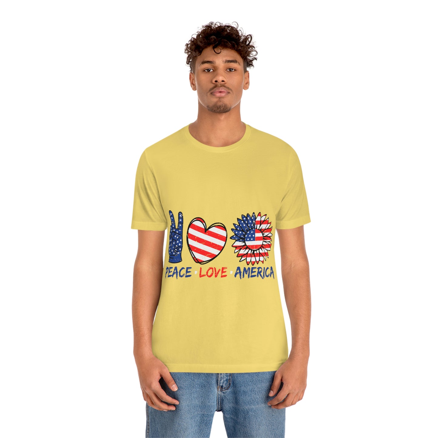 Peace Fingers , Love Heart , America Flag Design Unisex Jersey Short Sleeve Tee