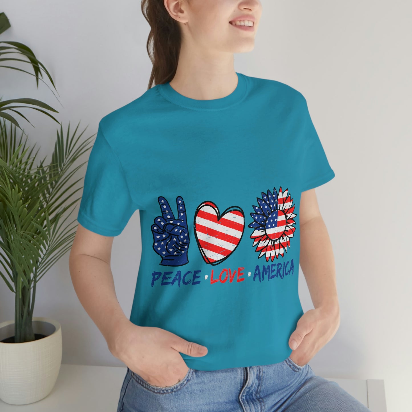 Peace Fingers , Love Heart , America Flag Design Unisex Jersey Short Sleeve Tee