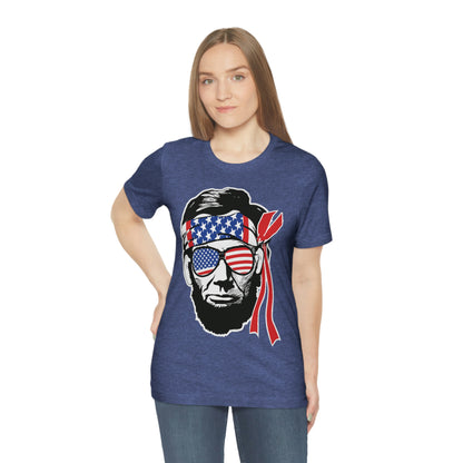 Independence Day Groovy Flag Glasses Well Known Face with Flag Bandana Unisex Jersey Short Sleeve Tee