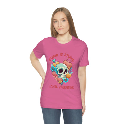 Stupid Cupid #Anti-Valentine Skull With Hearts & Flowers Unisex Jersey Short Sleeve Tee