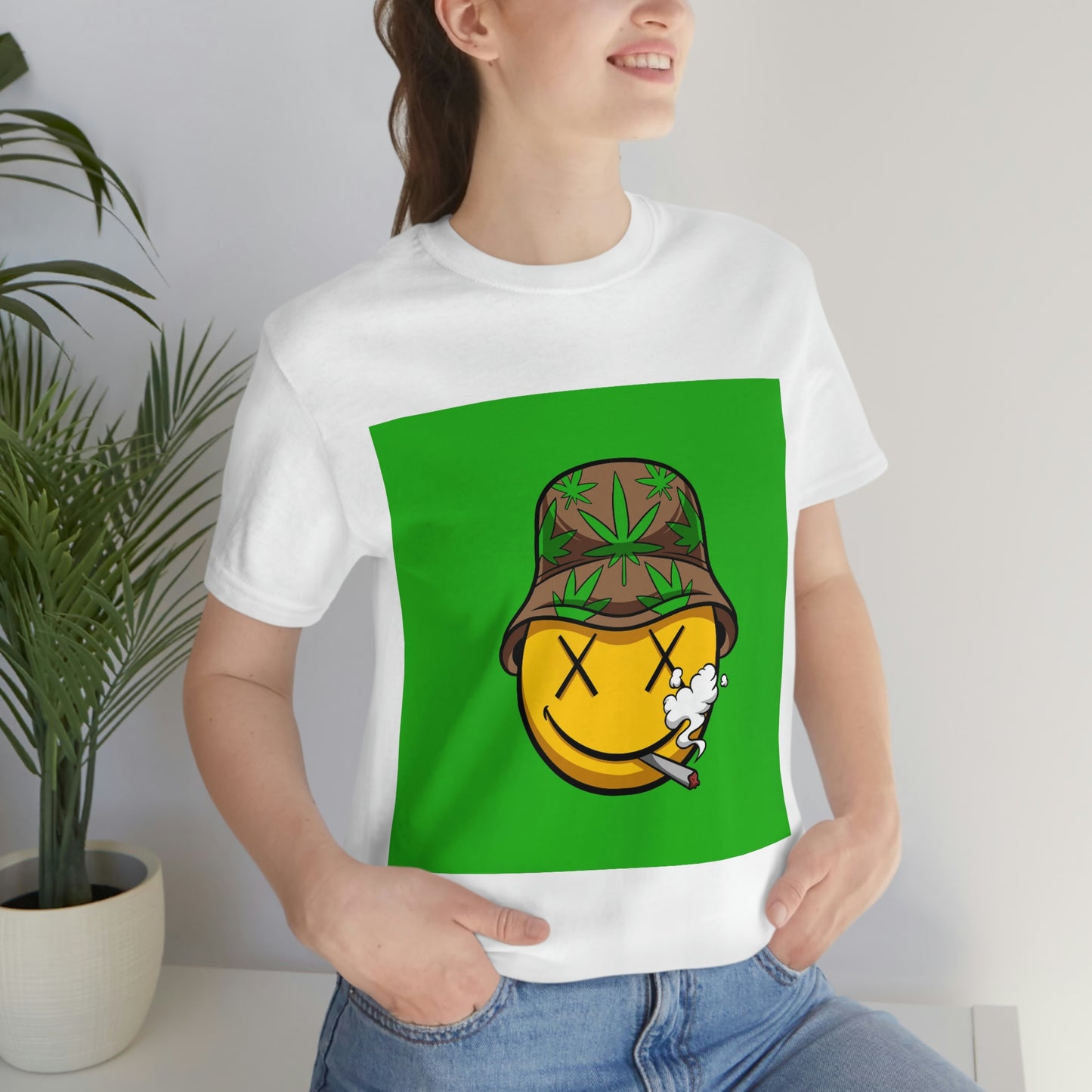 Blazed Happy Face With Hat & Pot Leafs, Unisex Jersey Short Sleeve Tee