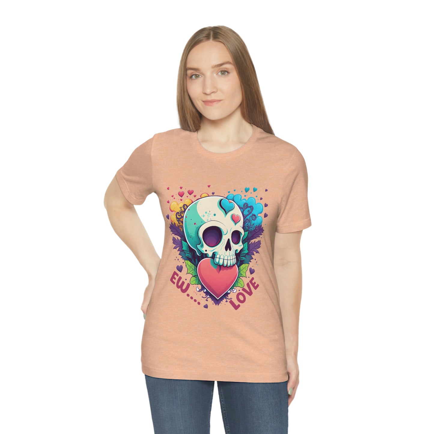 Ew Love Valentine Skull  With Pink And Blue Hearts Unisex Jersey Short Sleeve Tee