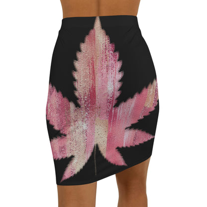 Sassy Single Pink Marijuana 420 Weed Leaf With Black Background Women's Mini Skirt (AOP)