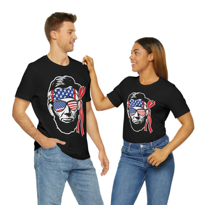 Independence Day Groovy Flag Glasses Well Known Face with Flag Bandana Unisex Jersey Short Sleeve Tee